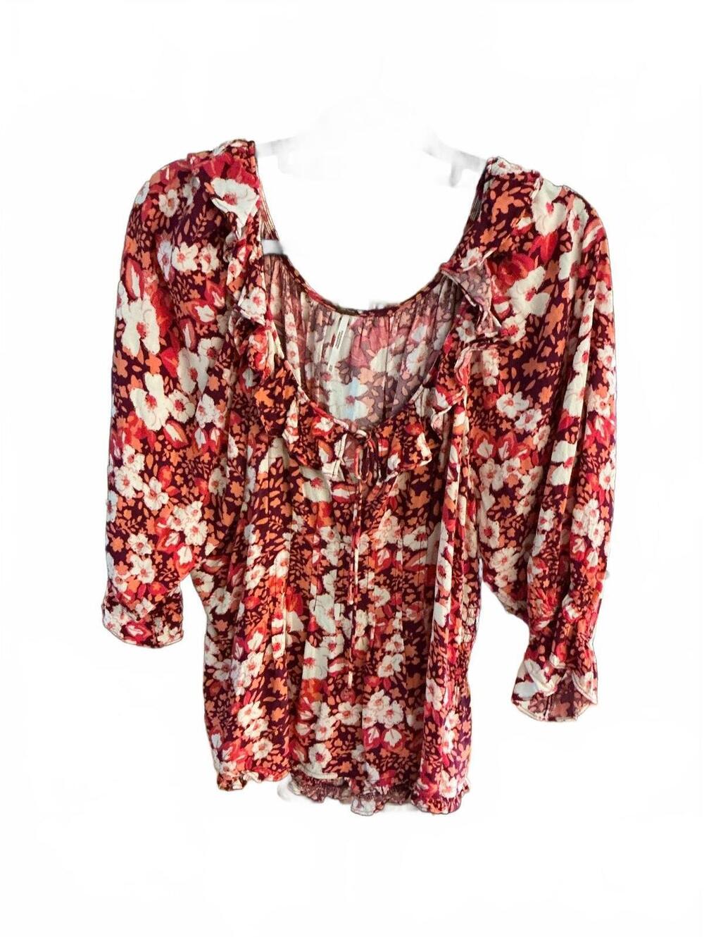 #FP099 Free People Floral Smocked Peasant Blouse, Size XL